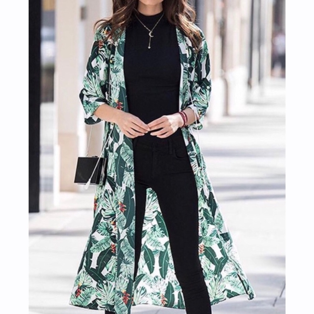 Rachel Zoe Womens One Size Green Palm‎ Print Duster Kimono Robe NEW
